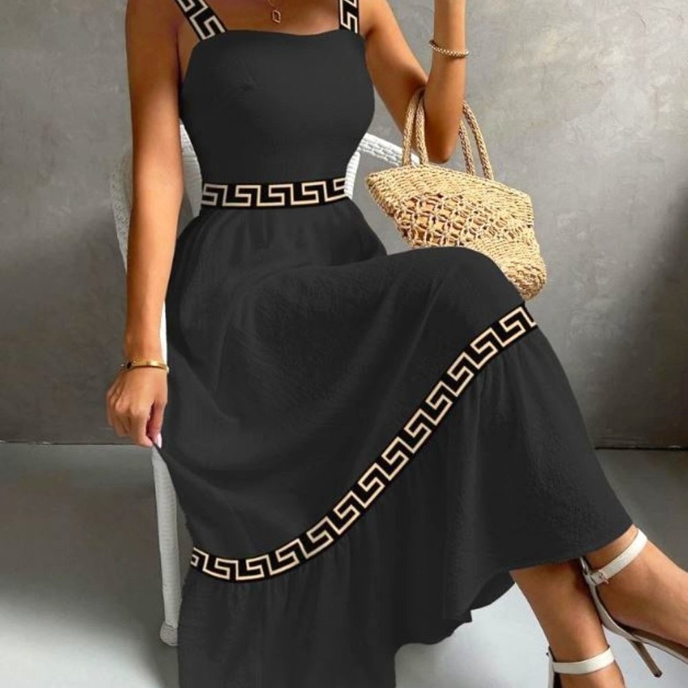A509-NIB-Chicme BLACK & GOLD Geo Design Sleeveless BLACK Gauze Summer Maxi Dress